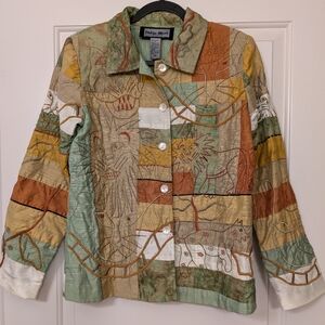 Indigo Moon Embroidered Jacket, Lions, Cats, Gold, Green Sz XS